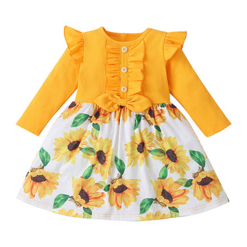 Baby Kid Girls Flower Muslin&Ribbed Print Dresses