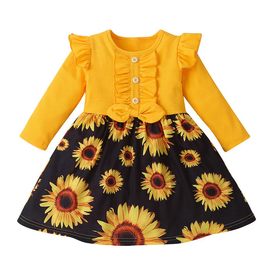 Baby Kid Girls Flower Muslin&Ribbed Print Dresses