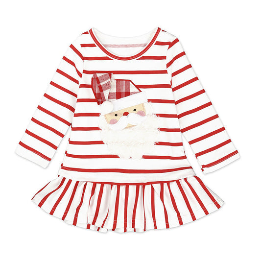 Baby Kid Girls Striped Cartoon Expression Embroidered Christmas Dresses