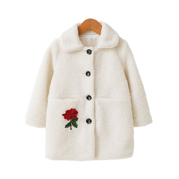 Kid Girl Single-Breasted Flower Teddy Fleece Coat