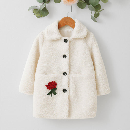 Kid Girl Single-Breasted Flower Teddy Fleece Coat