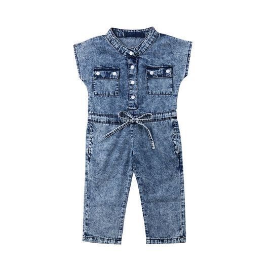 Kid Girl Single Breasted Denim Jumpsuit