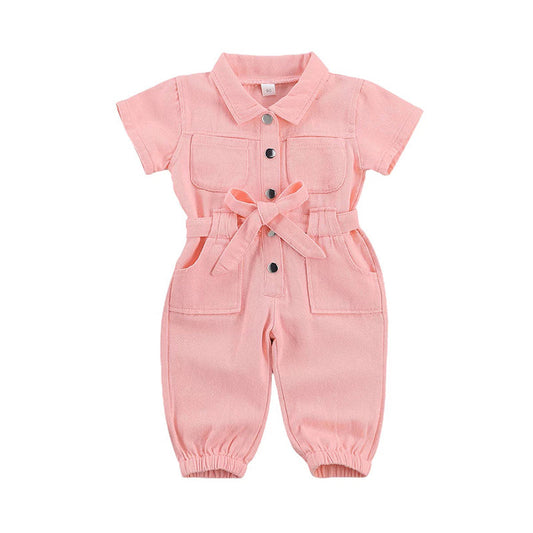 Kid Girl Turn Down Collar Belted Jumpsuit Pink