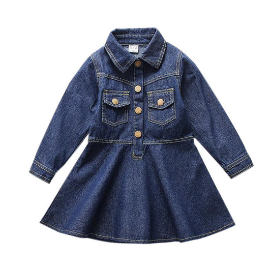 Kid Girl Turn Down Collar Denim Dress