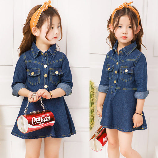 Kid Girl Turn Down Collar Denim Dress