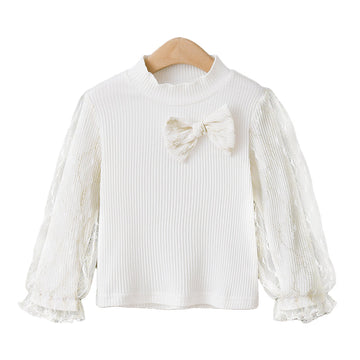 Kid Girl White Mesh Long Sleeve Korean Cotton Bottomed Shirt