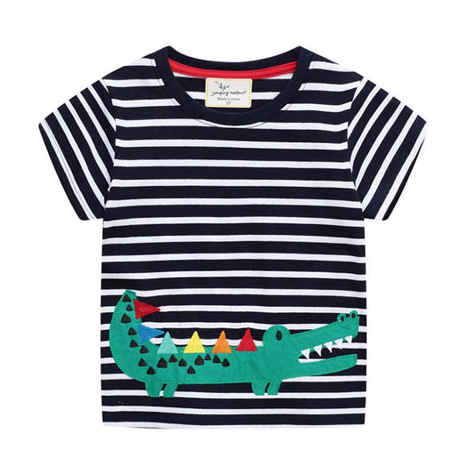 Kid Toddler Boy Cartoon Dinosaur Striped Print Tee