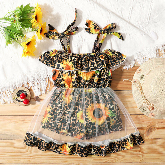 Little Girl Stylish Sunflower Leopard Print Off-shoulder Mesh Dress