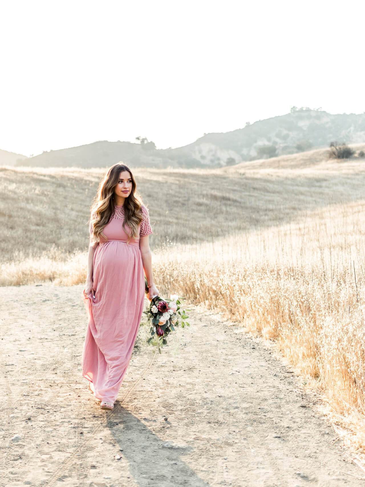 Fashion Maternity Lace Patchwork Pink Dress