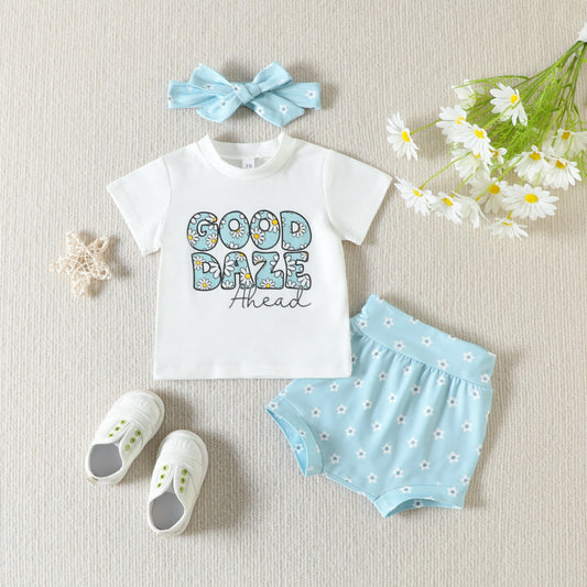 3 Pieces Set Baby Girls Letters Flower Print T-Shirts Shorts And Bow Headwear