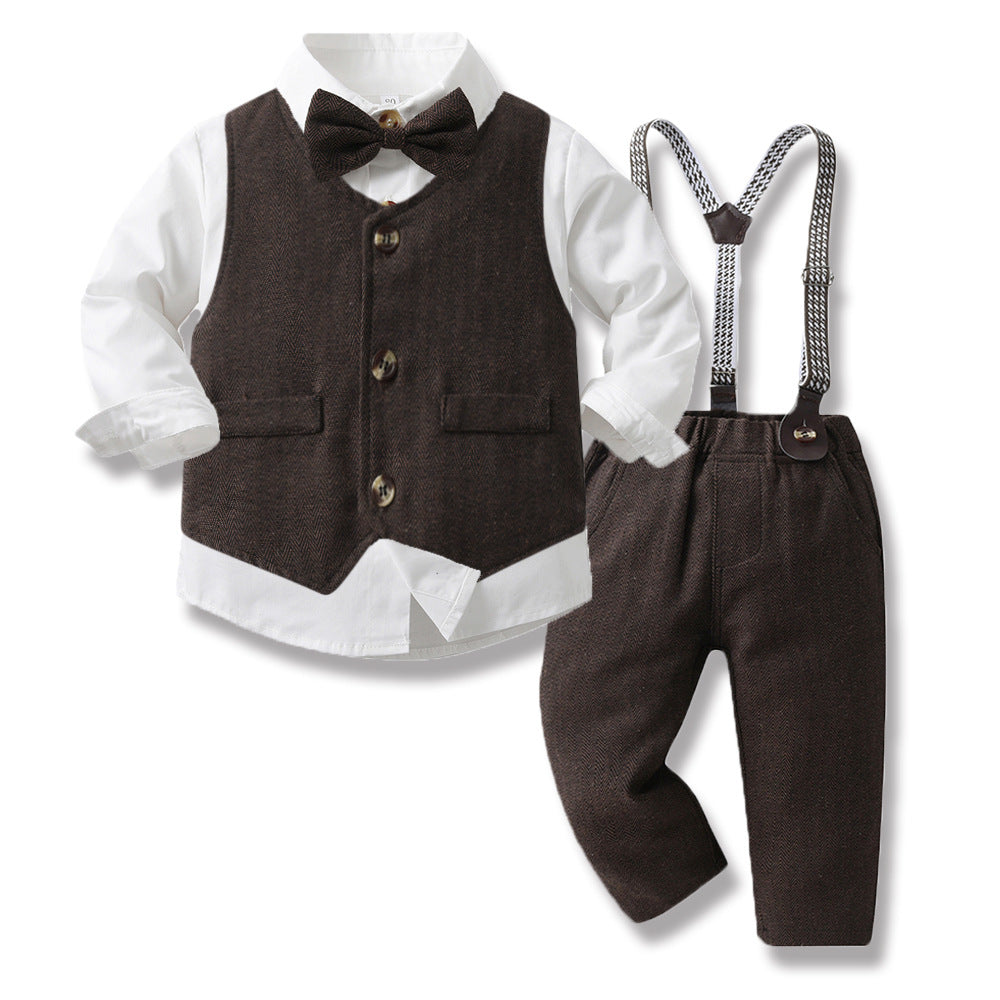 3 Pieces Set Baby Kid Big Kid Boys Birthday Party Solid Color Bow Shirts Vests Waistcoats And Jumpsuits