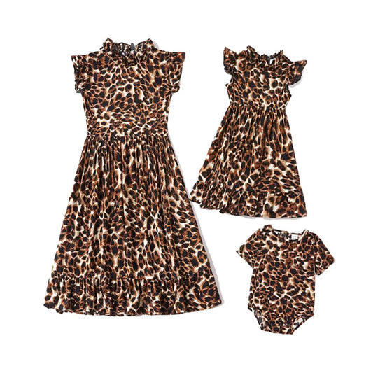 Summer Mother and Daughter Sisters Dress Leopard Print Flying Sleeves