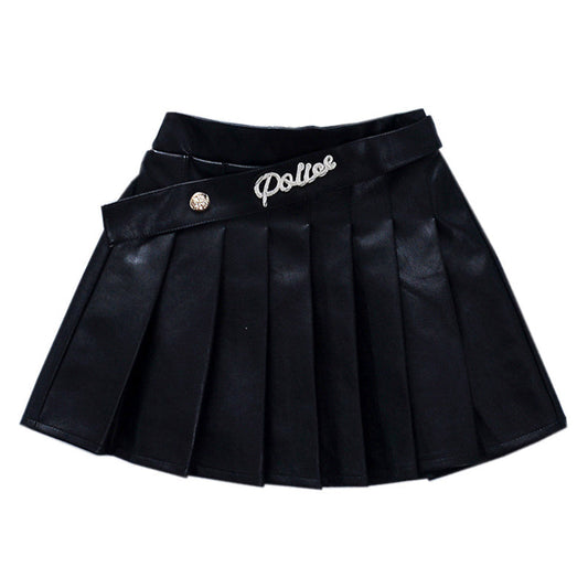 Toddler Girl Letter  Black PU Pleated Skirt