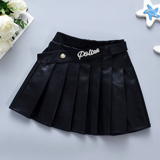 Toddler Girl Letter  Black PU Pleated Skirt