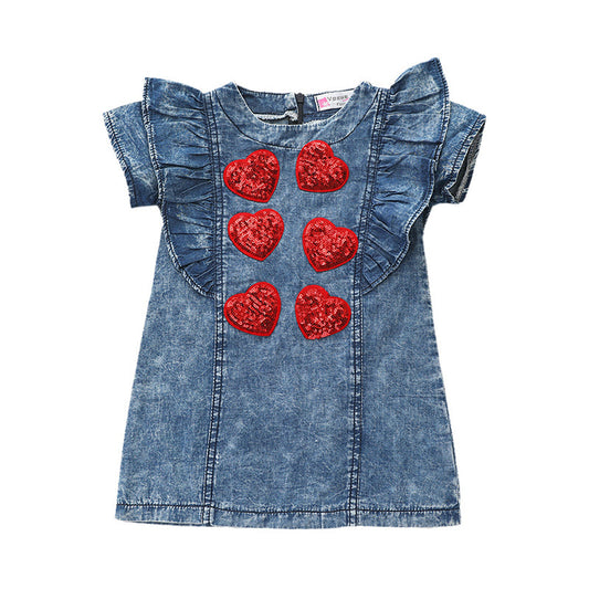 Toddler Kid Girl Flared Sleeve Sequins Love Heart Denim Dress