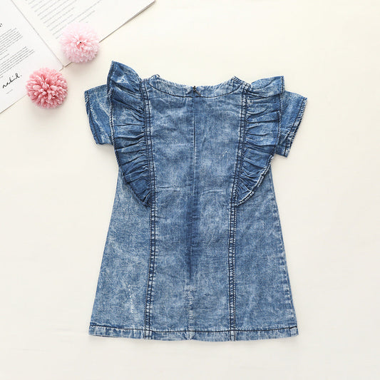 Toddler Kid Girl Flared Sleeve Sequins Love Heart Denim Dress