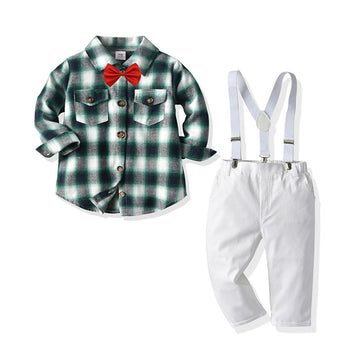 Two Pieces Grid Pattern Shirt With Suspender Pants Boy Set