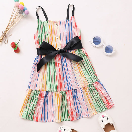 Kid Girl Rainbow Stripe Self Tie Sling Dress