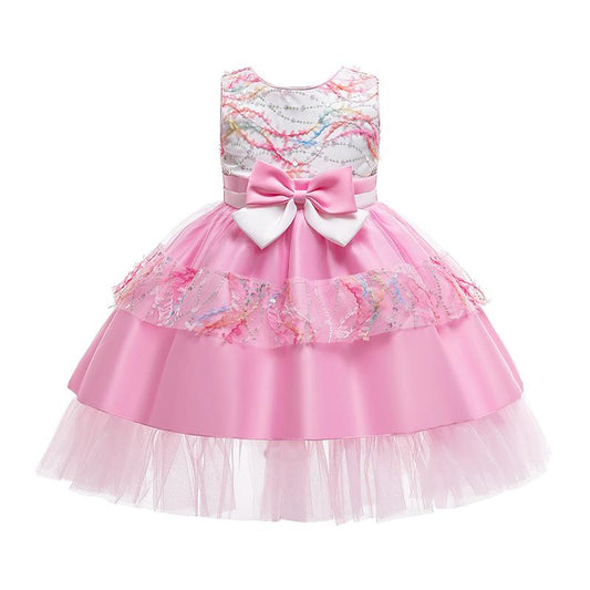 Kid Girl Party Bow Detail  Mesh Sequins Princess Sleeveless Dress