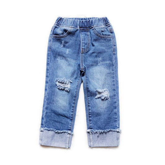 Kid Girl Distressed Elastic Waist Rolled Up Jeans