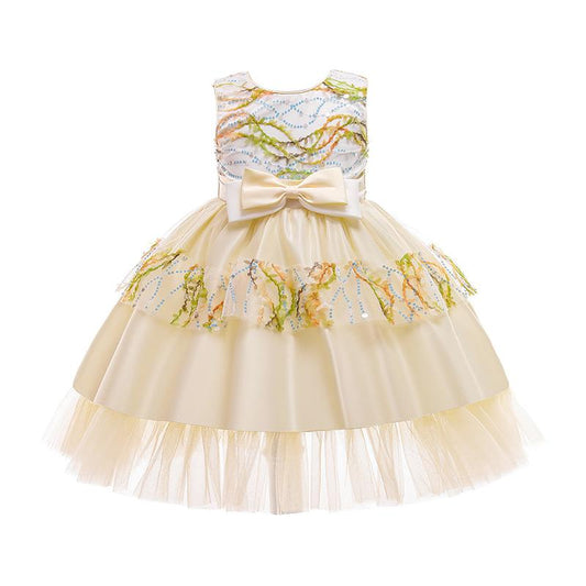 Kid Girl Party Bow Detail  Mesh Sequins Princess Sleeveless Dress