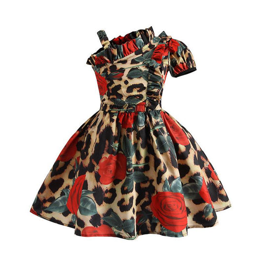 Summer One-Shoulder Leopard Princess Tutu Skirt Suit