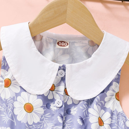 Little Girl Doll Collar Sleeveless Flower Pattern Dress