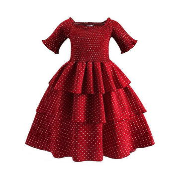 Kid Girl Shirred Polka Dots Pattern Tiered Layered Dress