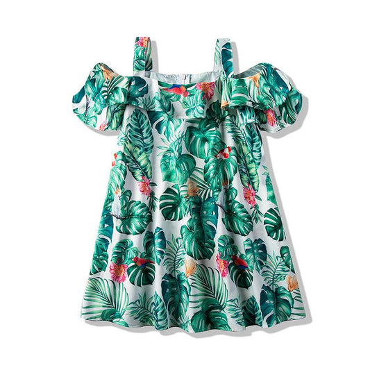 Kid Girl Summer Off Shoulder Dress With Leaves Flower Print