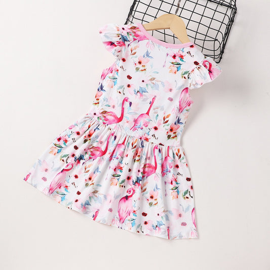 Kid Girl Flamingo Print Ruffle Hem Dress