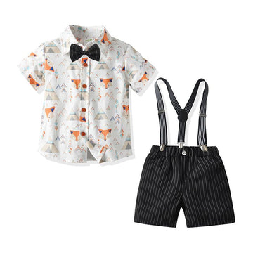 2 Piece Toddler Boy Bow Tie Fox Print  Shirt And Stripe Suspender Shorts Set