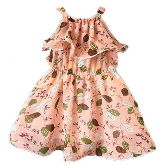 Kid Girl Leaf Print Chiffon Halter Neck Dress With Hat