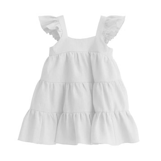 Kid Girl Ruffle Trim Plain Flutter Sleeve Dress