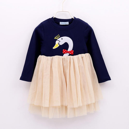 Kid Girl Embroidery Swan Crown Mesh Dress