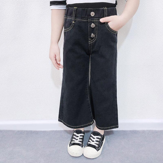 Girl Wide Leg Denim Flared Pants In Black