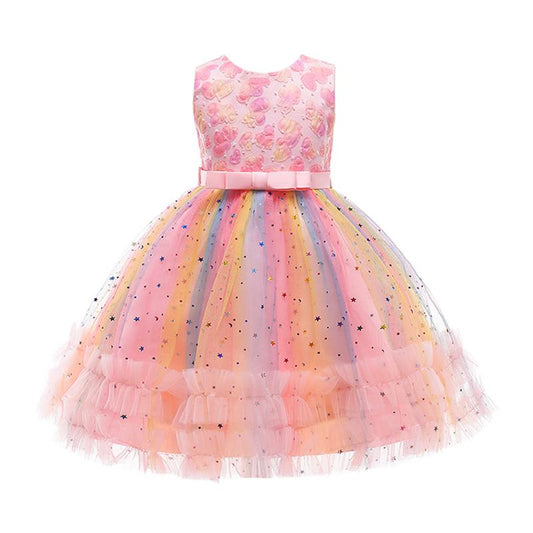 Love Heart Star Rainbow Mesh Girl Partywear Dress