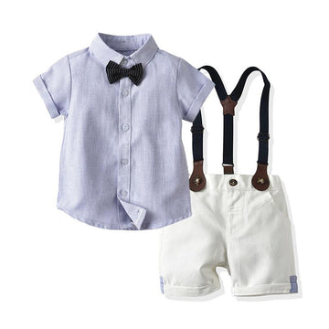 Two-piece Toddler Boys Bow Tie Stripe Shirt With Suspender Shorts