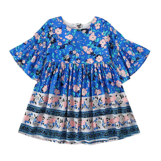 Kid Girl Boho Floral Graphic Flared Sleeve Dress