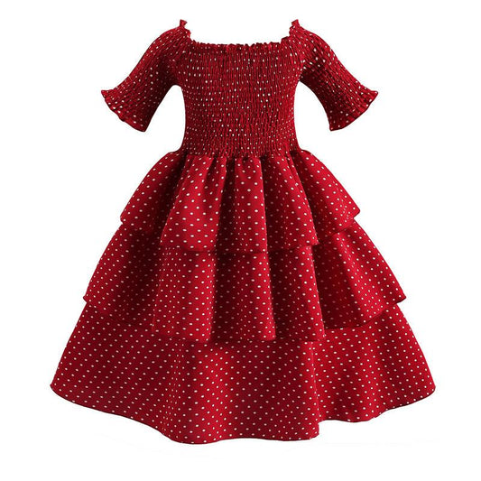 Kid Girl Shirred Polka Dots Pattern Tiered Layered Dress