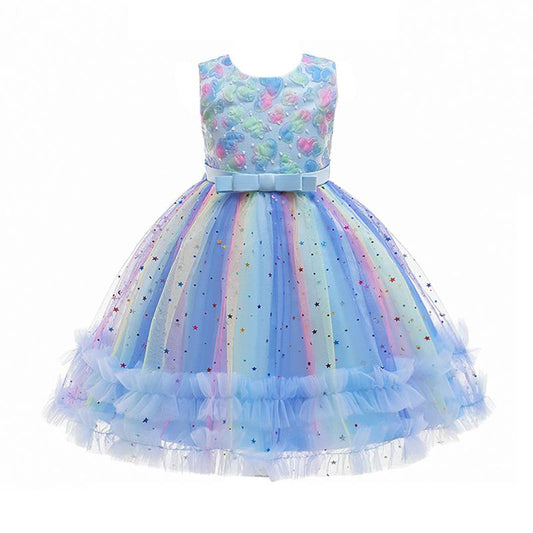 Love Heart Star Rainbow Mesh Girl Partywear Dress