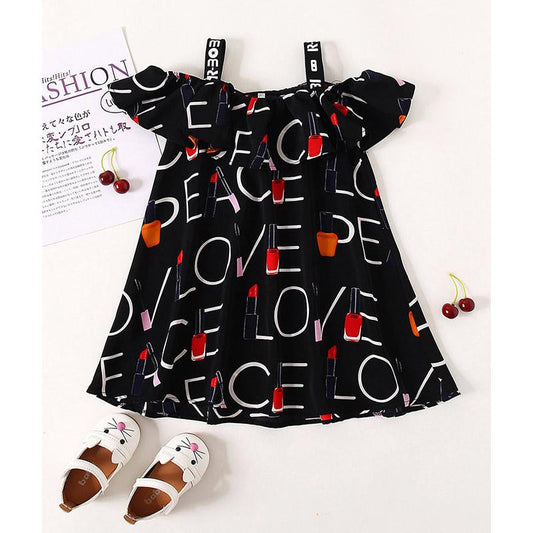 Girl Love Lipstick Nail Polish Print Off Shoulder Dress