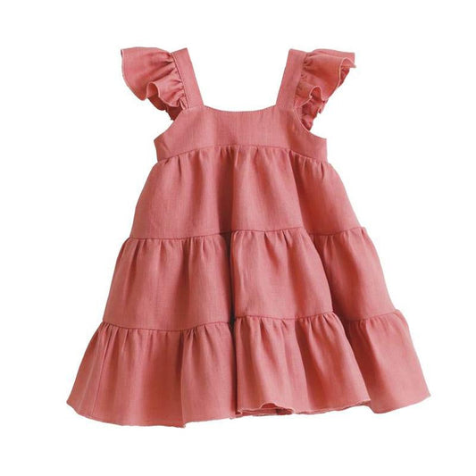 Kid Girl Ruffle Trim Plain Flutter Sleeve Dress