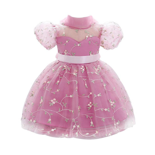 Fashion Kid Girl Embroidery Flower Puff Sleeve Party Dress