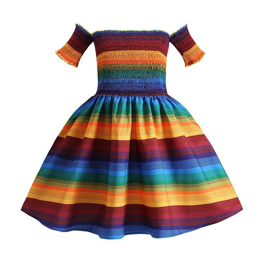 2021 summer new rainbow off-shoulder pleated princess dress