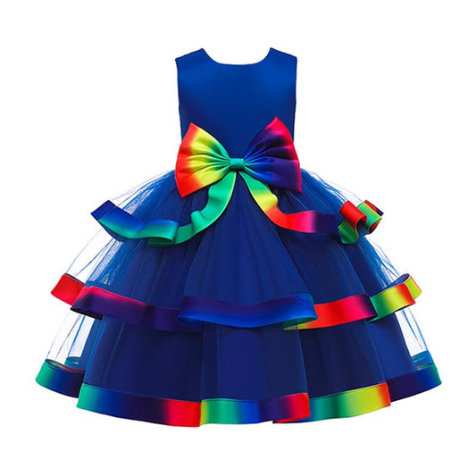 Fashion Girl Party Bow Rainbow Tiered Layered Princess Dress