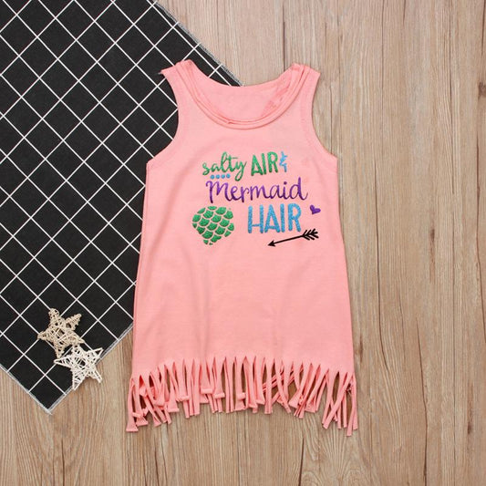 Girl Salty Air Mermaid Hair Print Tassel Hem Tank Dress