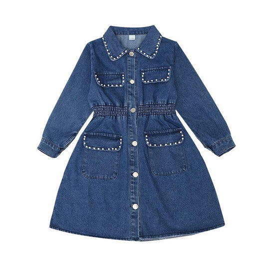 Kid Girl Turn Down Collar Beaded Decor Denim Dress