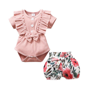 2 PCS Baby Girl Plain Ribbed Bow Bodysuit And Flower Belted Shorts Set