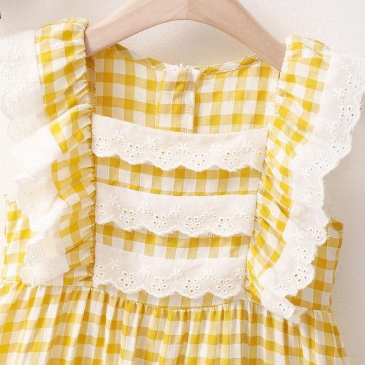 Kid Girl Frill Trim Lace Plaid Dress