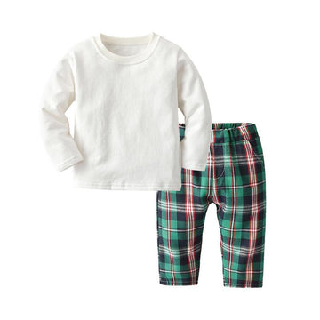 2 Pcs Toddler Boy Pajamas Set White Top & Plaid Trousers